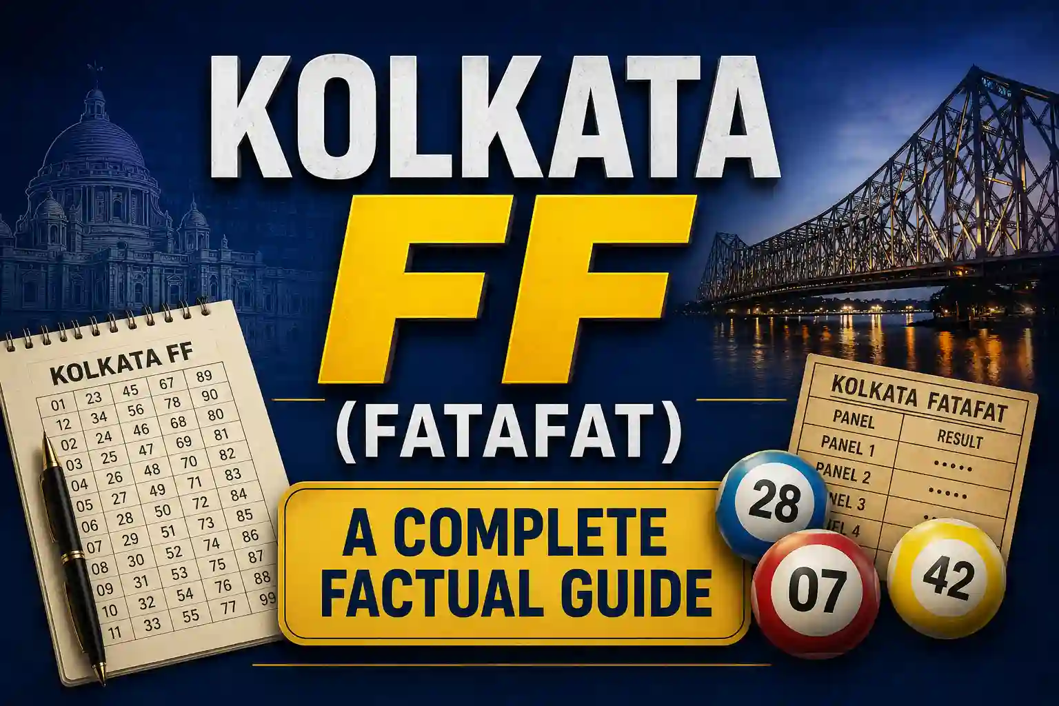 Illustrated cover image for “Kolkata FF (Fatafat): A Complete Factual Guide,” featuring the Howrah Bridge, Kolkata landmarks, number charts, lottery-style balls, and bold gold-and-blue typography representing Kolkata Fatafat results and information.
