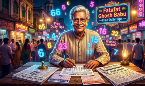 An elderly Bengali man with glasses sits at a desk in a bustling Kolkata street at night. He is surrounded by prediction charts and glowing, floating numbers under a neon sign that reads "Fatafat Ghosh Babu – Free Daily Tips".