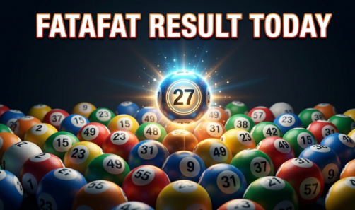 Bold white text reading 'FATAFAT RESULT TODAY' above a dramatic scene of colorful lottery balls scattered in a pile, with a glowing blue light illuminating a central ball displaying the number 27.