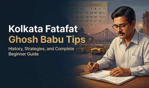 Professional website hero banner for Kolkata Fatafat Ghosh Babu Tips featuring an analytical Bengali man at a desk with the Howrah Bridge and yellow taxis in a warm evening background.